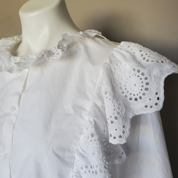 Mango MNG Ruffle Eyelet Lace Trim Blouse White Boho Prairie Women's Size 10 - Picture 5 of 9